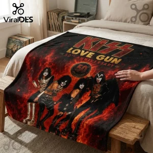 KISS Love Gun 50th Anniversary fleece blanket featuring the band members against a red and orange fiery background.