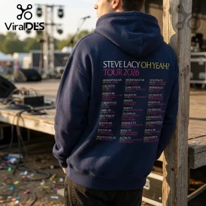 Steve Lacy Oh Yeah 2026 Concert Tour Hoodie in navy blue with white and yellow text listing tour dates on the back.