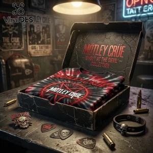 Motley Crue Tie Dye Pentagram T-Shirt 2026 inside a branded box with skull pins, guitar picks, and a leather wristband.