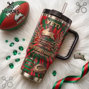 South Sydney Rabbitohs 118th Anniversary Stanley Tumbler with red and green camo print, gold emblem, and black lid.