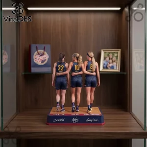 Indiana Fever Caitlin Clark Lexie Hull acrylic plaque featuring three basketball player figurines on a wooden court base.