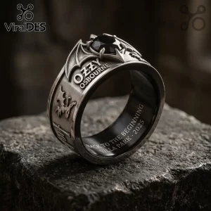 Ozzy Osbourne Villa Park 2025 Black Stainless Steel Ring featuring bat-wing motifs and a central black stone setting.