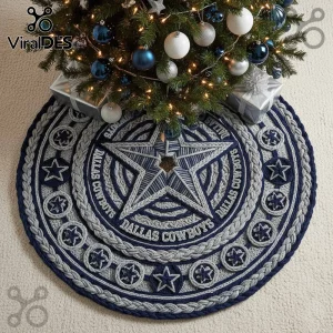 Dallas Cowboys Knitted Christmas Tree Skirt 2026 featuring a navy and grey star design with team logo text.
