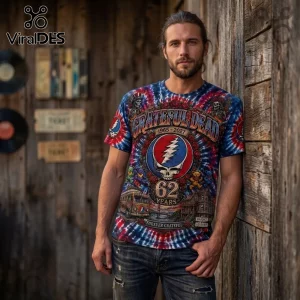 Grateful Dead Haight Ashbury 1965-2027 Anniversary Shirt with tie-dye patterns, skeletons, and icons on a man.