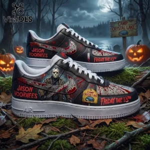 Jason Voorhees Friday The 13th Custom Air Force 1 Sneakers featuring a hockey mask graphic, blood splatters, and black leather.