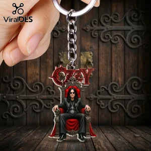 Ozzy Osbourne Throne Custom Shape Keychain featuring Ozzy in black attire sitting on a red throne with a metal chain.