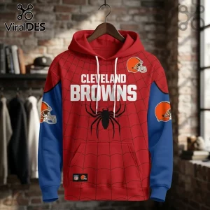 Cleveland Browns x Spider-Man Brand New Day hoodie featuring a red and blue web print with Browns helmet logos.