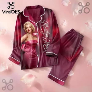 Marilyn Monroe 100th Anniversary Burgundy Satin Pajama Set featuring a portrait of the icon on a button-down shirt.