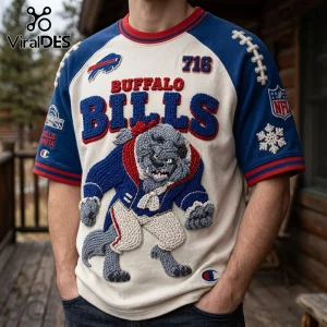 Buffalo Bills NFL Embroidered Mascot Shirt with blue sleeves, cream body, and textured mascot applique details.