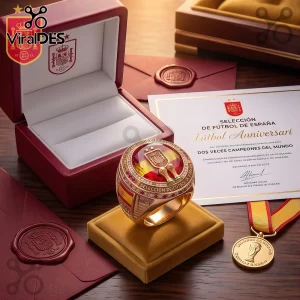 Spain National Football Championship Gold Ring featuring a red crest and trophies in a box with a certificate of authenticity.