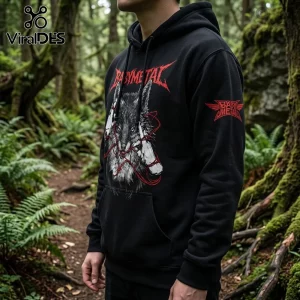Babymetal 2026 World Tour Wolf Mascot Black Hoodie featuring a gray wolf graphic, red string, and logo in a forest.