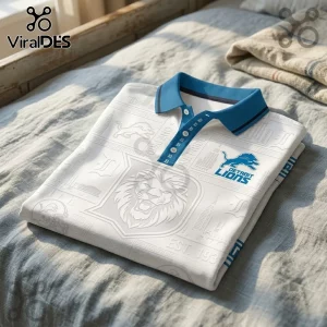 Detroit Lions White One Pride Polo Shirt featuring a blue collar and grey team-themed architectural graphic patterns.