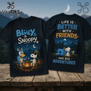 Bluey x Snoopy Camping Navy Blue T-Shirt showing characters roasting marshmallows at a night campfire under a moonlit sky.