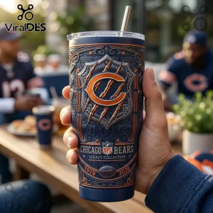 Chicago Bears Legacy Collection 40oz Stanley Tumbler in navy blue with a 3D textured orange C logo and steel straw.