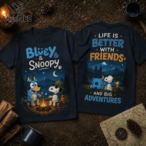 Bluey x Snoopy Camping Navy Blue T-Shirt showing characters roasting marshmallows and sitting by a campfire at night.