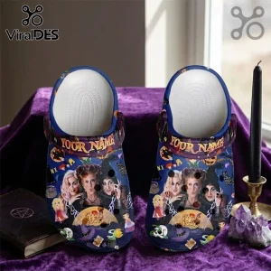Hocus Pocus Personalized Crocs Clog Shoes featuring the Sanderson Sisters, purple background, and custom name text area.