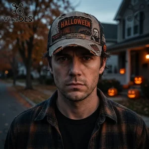Halloween Michael Myers 2026 distressed baseball cap featuring horror movie graphics on a man in a plaid shirt.