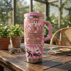 Elvis Presley 91st Anniversary Pink Stanley Tumbler with tie-dye pattern, lightning bolt graphic, and classic car imagery.