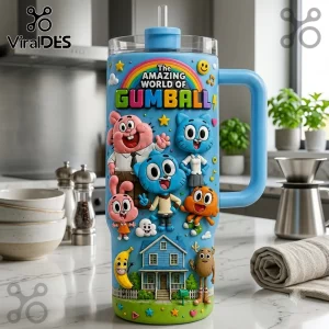 The Amazing World of Gumball Character Stanley Tumbler featuring Gumball, Darwin, and Anais on a light blue insulated mug.