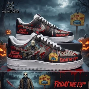 Jason Voorhees Friday The 13th Custom Air Force 1 Sneakers featuring a hockey mask, blood splatters, and camp lake graphics.
