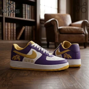 Omega Psi Phi Purple and Gold Premium Air Force 1 shoes with Greek letters and bulldog mascot on a wooden library floor.