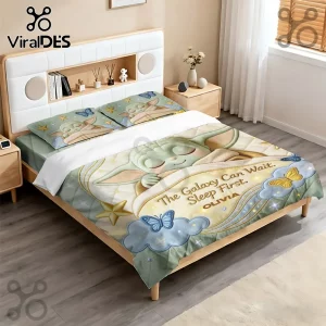 Personalized Grogu Galaxy Bedding Set featuring a cartoon Grogu, blue butterflies, and gold stars on a light green base.