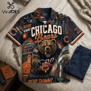 Chicago Bears 1985 Champions Hawaiian shirt featuring a bear, football, Soldier Field, and Super Bowl trophy graphics.