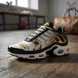 Iowa Hawkeyes NFL Champion Air Max Plus running sneakers in black, gold, and white with mascot and trophy graphic details.