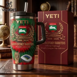 South Sydney Rabbitohs 118th Anniversary 40oz Tumbler with team logo, laurel wreath, and trophy graphic in a box.
