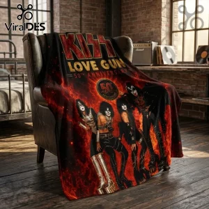 KISS Love Gun 50th Anniversary fleece blanket featuring the band members, fire graphics, and official gold anniversary logo.