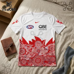 Sydney Swans White Indigenous Pattern Hoodie featuring red dot art motifs, QBE Insurance logo, and AFL branding on white.