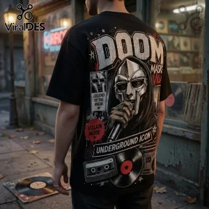 MF DOOM Masked Villain Hip Hop Black T-Shirt featuring a graphic of the gladiator mask, cassette, and vinyl record artwork.