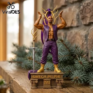 Omega Psi Phi 1911 Christmas ornament featuring a muscular man in purple attire standing on a pedestal next to a sword.