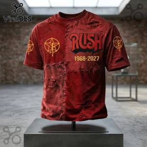 Rush 1968-2027 Distressed Red T-Shirt featuring a vintage style, frayed edges, and the iconic starman logo in yellow.