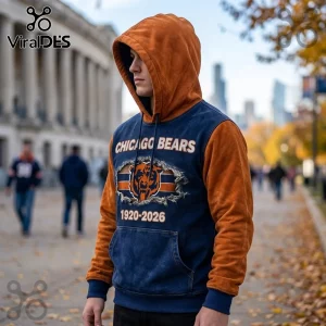 Chicago Bears 1920-2026 Navy Blue Hoodie with orange suede sleeves and hood, featuring a distressed team logo graphic.