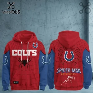 Indianapolis Colts x Spider-Man Brand New Day Hoodie features a red and blue web pattern, team logos, and text graphics.