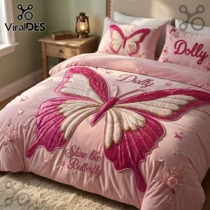 Dolly Shine Like a Butterfly Pink 3-Piece Bedding Set featuring a large glittery butterfly design and floral accents.