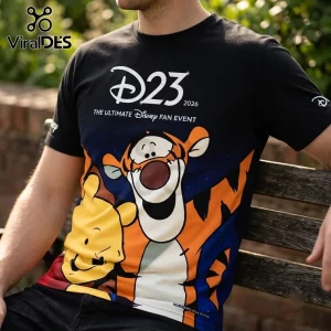 Disney x Winnie the Pooh D23 2026 black hoodie featuring Tigger and Pooh character graphics on the front.