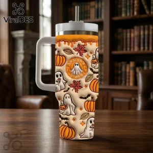 Spooky 2026 Halloween Ghost 40oz Stanley Tumbler with orange pumpkin, bat, and ghost patterns on a cream background.