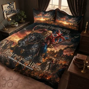 Iron Maiden Run For Your Lives Bedding Set 2026 featuring Eddie on horseback with a Union Jack flag in a war scene.