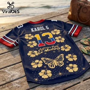 Karol G Tropitour Houston Texans Navy Blue Jersey with gold hibiscus prints, number 13, and butterfly graphic on wood.