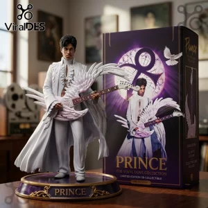 Prince The Vinyl Dove Collection white resin statue featuring the musician holding a winged guitar on a purple base.