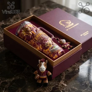 Brisbane Broncos 38th Anniversary YETI Stanley tumbler in a maroon gift box with a matching plush mascot keyring.