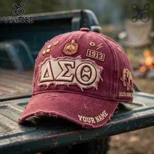 Delta Sigma Theta Red Distressed Baseball Cap with Greek letters, 1913 patch, and embroidered elephant on side.