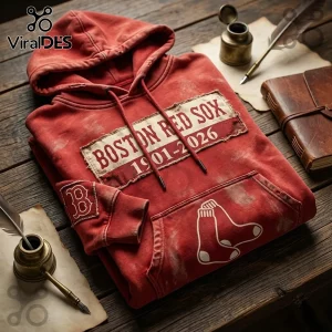 Boston Red Sox 125 Anniversary Red Hoodie with distressed fabric, commemorative 1901-2026 text, and team socks logo.