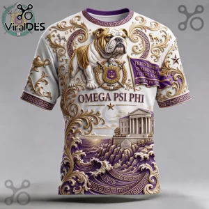 Omega Psi Phi Fraternity Mascot Howard University shirt featuring a bulldog, gold scrollwork, and a purple banner.