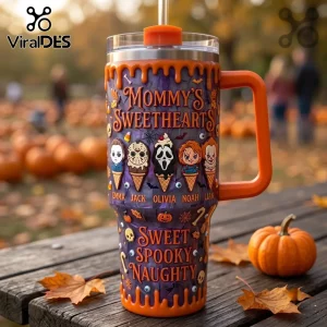 Mommy's Sweethearts Horror Character 40oz Tumbler featuring cartoon icons and orange drip design on a purple background.