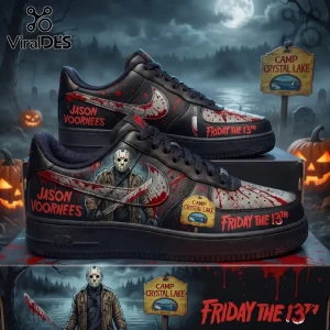 Jason Voorhees Horror Movie Custom Air Force 1 Shoes featuring blood splatters, hockey masks, and Camp Crystal Lake graphics.