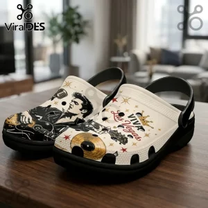 Elvis Presley Viva Las Vegas Crocs Clogs featuring iconic singer illustrations, gold records, and stars on a white base.