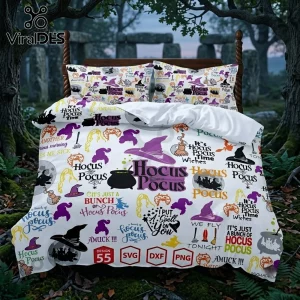 Hocus Pocus 2026 Halloween Bedding Set with purple witch hats, cauldrons, and movie quotes on a white fabric background.